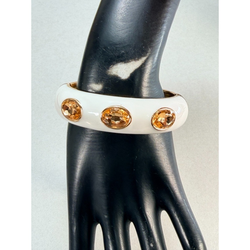 Stunning White Enamel Hinged Bangle Bracelet Amber Rhinestones Gold Tone Vintage